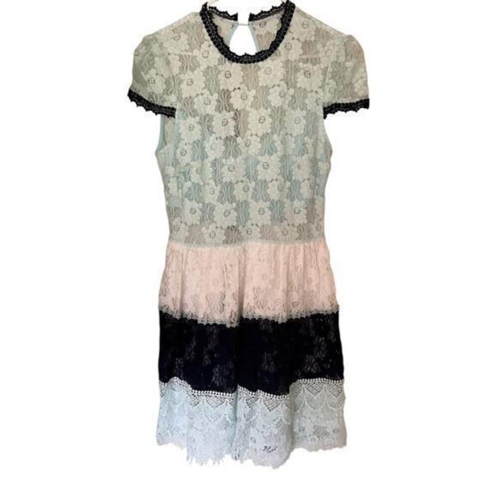 FOXIEDOX all lace teal blue white open key back tiered Fairy feminine dress sz L